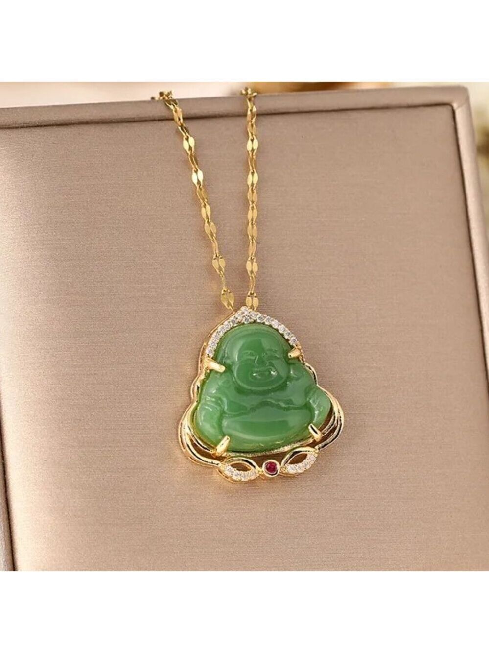 18k Gold Plated Stainless Steel Green  Jade Buddha Necklace with Gold Scrollwork